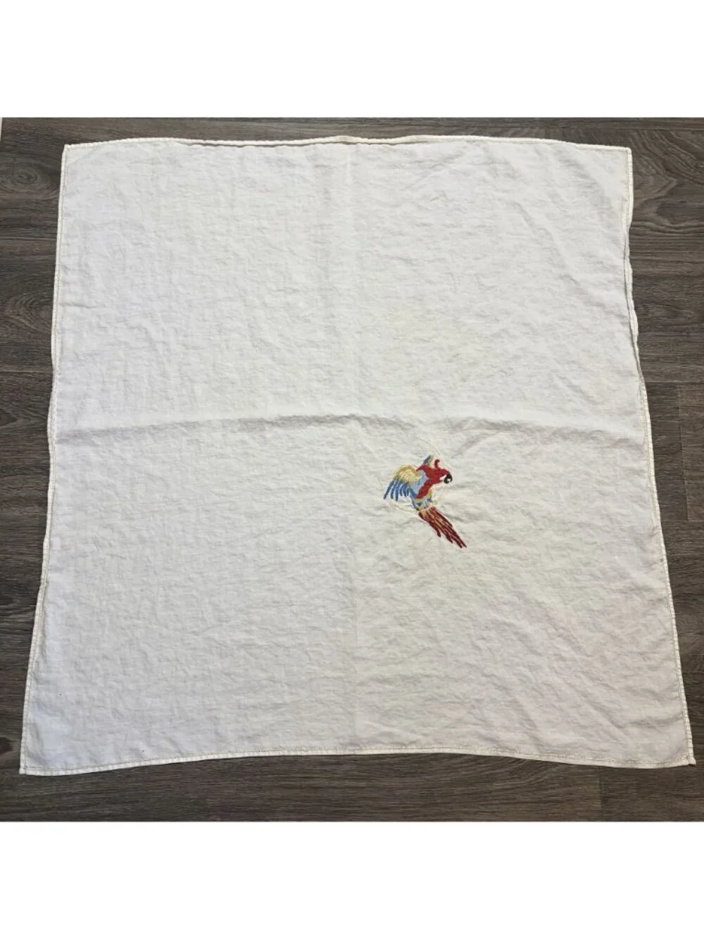 Vintage White Linen Tablecloth Napkins Hand Stitched Parrot Embroidery Tropical